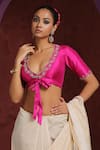 Buy_Weaver Story_Pink Raw Silk Embroidery Zardozi V Neck Front Tie Up Blouse _at_Aza_Fashions