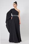 Buy_Aakaar_Black Moss Crepe Plain Crystal One Shoulder Gown And Embroidered Belt Set _at_Aza_Fashions