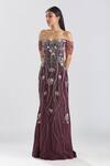 Buy_Megha Bansal_Wine Crepe Sequin, Thread, Cut Dana Work Off Shoulder Jamuni Gul Kaari Gown _at_Aza_Fashions