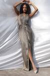 Buy_Zwaan_Grey Organza, Satin Beads V-neck Pleated Gown_at_Aza_Fashions