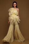 Buy_Shriya Som_Yellow Organza Plain Asymmetric Scallop Trim Ruffle Top _at_Aza_Fashions