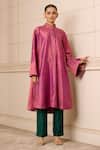 Buy_Tarun Tahiliani_Pink Silk Mandarin Collar Handwoven Striped Bell Sleeve Tunic _at_Aza_Fashions