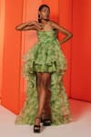 Buy_July Issue_Green Organza Floral Pattern Square Neck Bella High-low Dress _at_Aza_Fashions