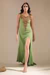Buy_Nikita Mhaisalkar_Green Luxe Suiting Embellished Metallic Work V Yoke Trail Gown _at_Aza_Fashions