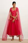 Buy_Devnaagri_Fuchsia Cotton Silk Blend Embroidered Sequins U Neck Dori Sleeve Anarkali Set _at_Aza_Fashions