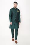 Buy_Manish Nagdeo_Green Silk, Cotton Bottle Quilted Bundi Jacket Set _at_Aza_Fashions