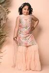 Buy_Priyanka Jain_Peach Chanderi, Georgette, Organza Sequins, Mughal Print Kurta Sharara Set _at_Aza_Fashions