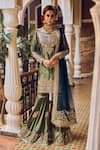 Buy_LASHKARAA_Green Satin Embroidery Zari Boat Neck And Flower Cluster Kurta Gharara Set_at_Aza_Fashions
