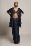 Buy_Sejal Kamdar_Blue Gingham, Organza, Gabardine Beads, Layered Jacket And Draped Dhoti Skirt Set _at_Aza_Fashions