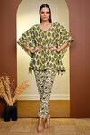 Buy_Pheeta_Green Cotton Printed Leaf V Neck Kaftan And Pant Set _at_Aza_Fashions