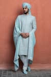 Buy_Nitika Gujral_Blue Achkan Dupion Silk Embroidered Dabka Flora Set _at_Aza_Fashions