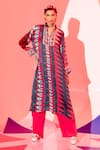 Buy_Esha L Amin_Multi Color Viscose Crepe Geometric Band Collar Coachella Long Kurta _at_Aza_Fashions