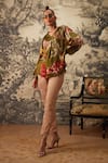 Buy_Kalista_Green Viscose Satin Printed Botanical Mandarin Dahlia Pattern Tunic And Pant Set _at_Aza_Fashions