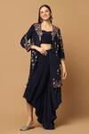 Buy_Two Sisters By Gyans_Blue Crepe Embroidery Sweetheart Neck Floral Cape And Draped Skirt Set _at_Aza_Fashions