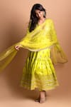 Shop_Gopi Vaid_Yellow Anarkali And Churidar Tussar Silk & Dupatta Geometric Pattern Tiered Set _at_Aza_Fashions