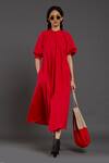 Buy_MATI_Red 100% Cotton Round Raglan Balloon Sleeve Dress _at_Aza_Fashions