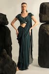 Buy_Jade By Ashima_Green Saree Georgette Embroidery Crystal Leaf Galia Pre-draped With Blouse _at_Aza_Fashions