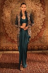 Buy_Aditi Gupta_Green Satin Woven And Embroidered Jamawar Pattern Asymmetric Draped Skirt Set _at_Aza_Fashions