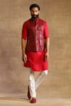 Buy_Raghavendra Rathore Jodhpur_Red Tussar Embroidered Stripes Waistcoat _at_Aza_Fashions