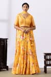 Shop_Abbaran_Yellow Chanderi Printed Floral V Neck Tiered Lehenga Set _Online_at_Aza_Fashions