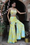 Buy_Nitisha Kashyap Official_Yellow Silk Mirrors, Beads, Embroidery, Floral Bustier And Gharara Pant Set _at_Aza_Fashions