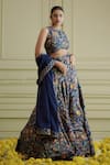 Buy_AFFROZ_Blue Russian Silk Printed Paisley Jaal High Neck Lehenga Set_at_Aza_Fashions