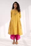 Buy_Label Shreya Sharma_Yellow Chanderi Embroidery Keyhole Neck Kurta And Flared Pant Set _at_Aza_Fashions
