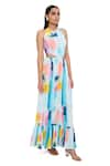 Buy_PS Pret by Payal Singhal_Blue Crepe Printed Painterly Halter Cutout Dress  _at_Aza_Fashions