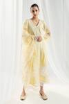 Buy_Roze_Yellow Cotton, Organza Lace V-neck Embellished Kurta Set _at_Aza_Fashions