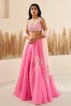 Buy_Zoon_Pink Blouse And Lehenga Metallic Organza Embroidery Sequin Scoop Cutdana Set _at_Aza_Fashions