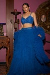 Buy_Nadine Dhody_Blue Tulle Sequins, Beads V-neck Delphene Ruffled Lehenga Set _at_Aza_Fashions