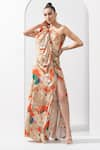 Buy_Mandira Wirk_Orange Satin / Organza Leaf One Shoulder Frill Gown _at_Aza_Fashions