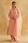 Buy_Taisha_Pink Chanderi Cotton, Silk Organza Pearls Split Embellished Kurta Churidar Set _at_Aza_Fashions