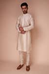 Buy_Tisa - Men_Beige Cotton Blend Silk Embroidered Thread Mandarin Collar Kurta Set  _at_Aza_Fashions