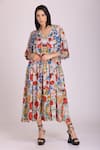 Buy_ALPONA DESIGNS BY SOHAM ACHARYA_Grey Cotton Silk Printed Floral V Neck Midi Dress _at_Aza_Fashions