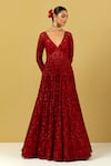 Ikshita Choudhary_Red Net, Georgette Sequins, Embroidery Plunge Neck Anarkali With Dupatta _at_Aza_Fashions