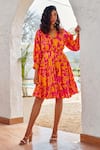 Buy_HOUSE OF FETT_Pink 100% Cotton Printed Floral V Neck Mia Dress _at_Aza_Fashions