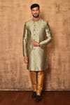 Buy_Aryavir Malhotra_Grey Art Silk Embroidered Floral Jaal Woven Straight Sherwani Set _at_Aza_Fashions