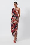 Buy_Saaksha & Kinni_Black Cotton Silk Abstract Floral One Shoulder Dress_at_Aza_Fashions