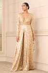 Buy_Tarun Tahiliani_Gold Foil Jersey Garden V Neck Jumpsuit _at_Aza_Fashions