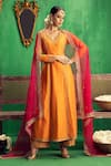 Buy_Jigar Mali_Orange Chanderi And Organza Lining Shantoon Embroidery Dori & Aari V Kurta Set _at_Aza_Fashions