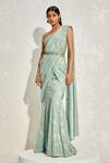 Buy_Namrata Joshipura_Green Shimmer Foil Crepe Hand Embellished Metallic Pre-draped Saree With Corset_at_Aza_Fashions