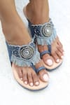 Buy_Sandalwali_Blue Leather Gabby Denim Embroidered Wedges_at_Aza_Fashions