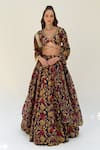 Buy_SANAM_Blue Pure Silk Floral V Neck Versailles Pattern Blouse Lehenga Set _at_Aza_Fashions