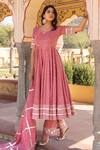 Buy_Pomcha Jaipur_Pink Cotton Gota Patti, Embroidery Split V-neck Rosewood Printed Anarkali Set _at_Aza_Fashions