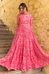 Buy_Suruchi Parakh_Pink Georgette Print Floral Round Neck Vintage Anarkali With Dupatta _at_Aza_Fashions