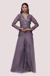 Buy_Onaya_Grey Georgette Embellished Moti V Neck Kurta And Flared Pant Set _at_Aza_Fashions