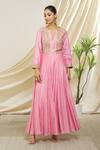Buy_Peenacolada_Pink Chanderi Zari, Embroidery Round Neck Screen Floral Print Anarkali _at_Aza_Fashions