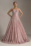 Buy_Seema Gujral_Pink Net Sequins In Geometric Pattern Plunge Sweetheart Neck Embroidered Gown_at_Aza_Fashions