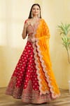 Buy_Vandana Sethi_Red Dupion Silk Embroidered Mirror And Gota Work Floral & Bridal Lehenga Set _at_Aza_Fashions